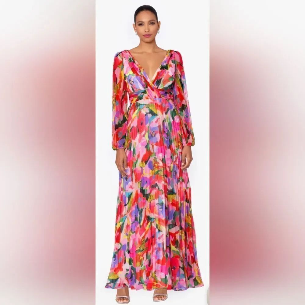 Betsy & Adam Amber Long Sleeve Chiffon Print Floor Length Dress NWOT Sz 6